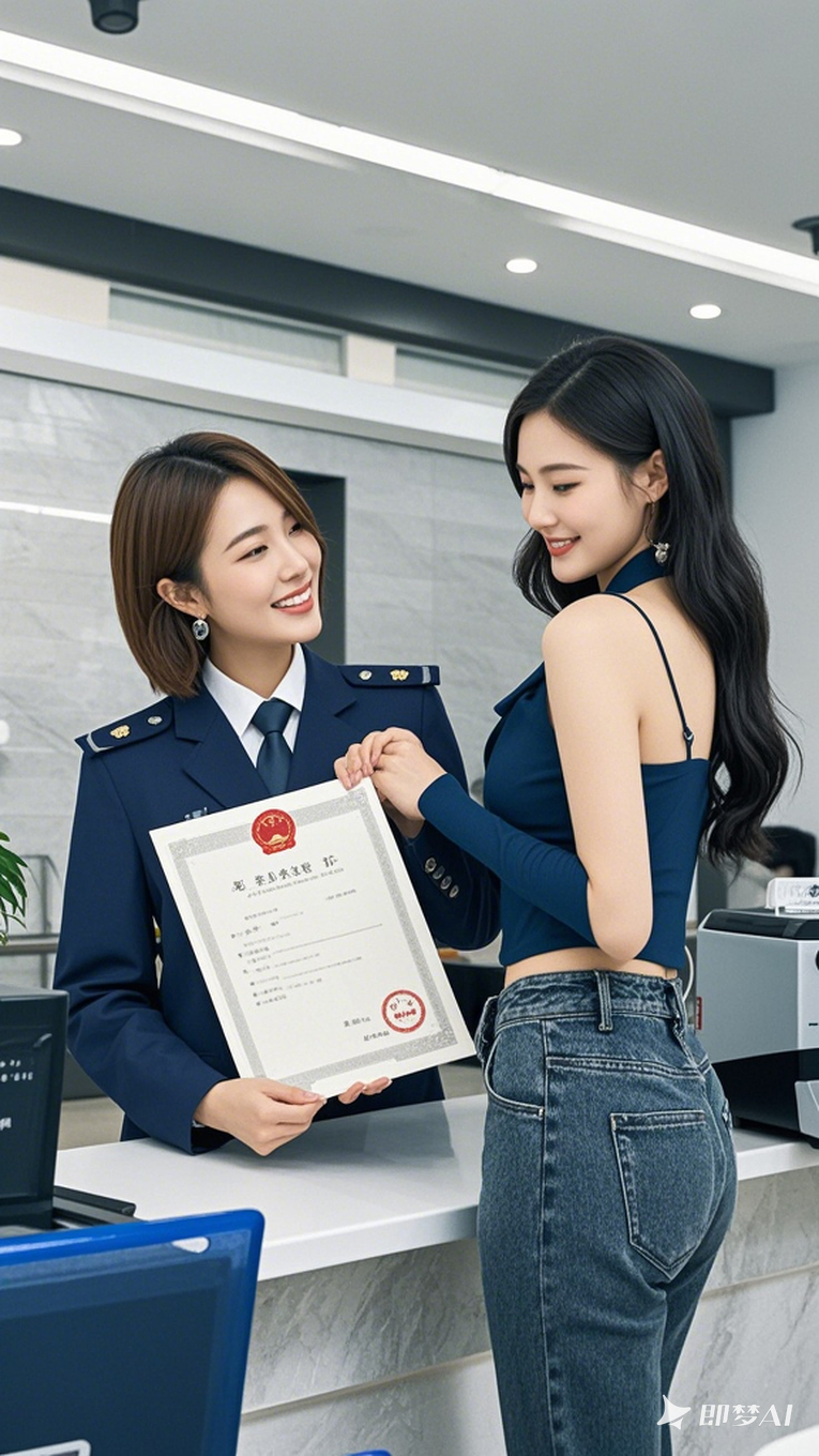 性感美女高興的手持營(yíng)業(yè)執(zhí)照，旁邊站著可愛美女工作人員，在市場(chǎng)監(jiān)督管理局大廳 (2)